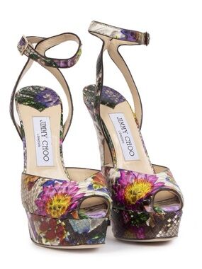 Jimmy Choo Floral Snake-Print Platform Sandals - Purple, Green, Yellow